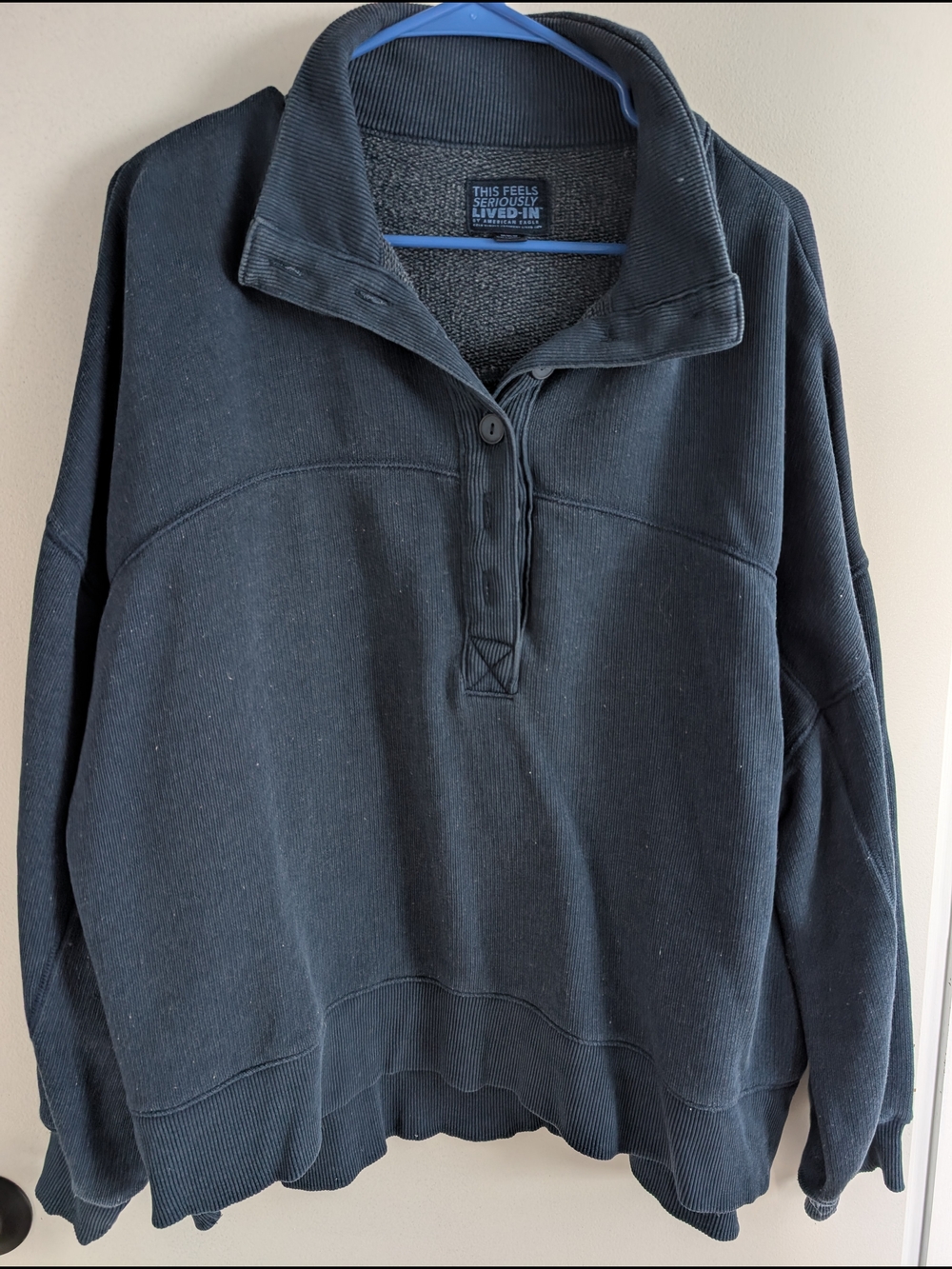 aerie Dark Navy Button-Front Cozy Pullover Sweater
